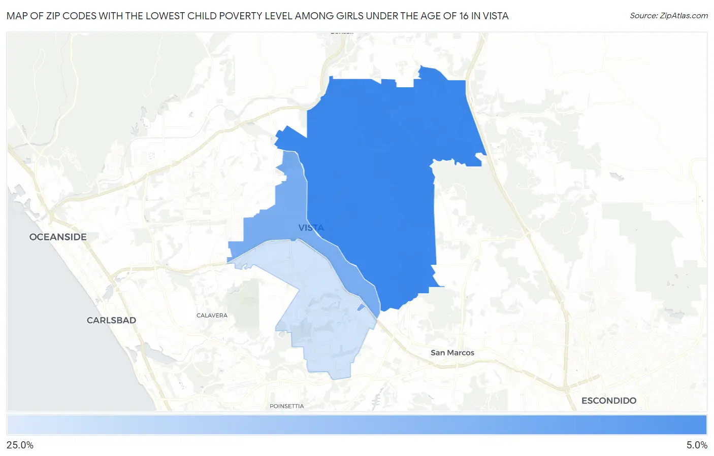 Zip Codes with the Lowest Child Poverty Level Among Girls Under the Age of 16 in Vista Map