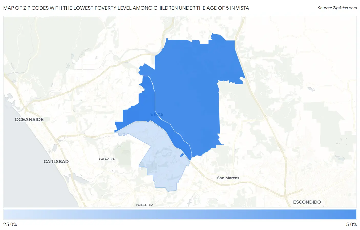 Zip Codes with the Lowest Poverty Level Among Children Under the Age of 5 in Vista Map