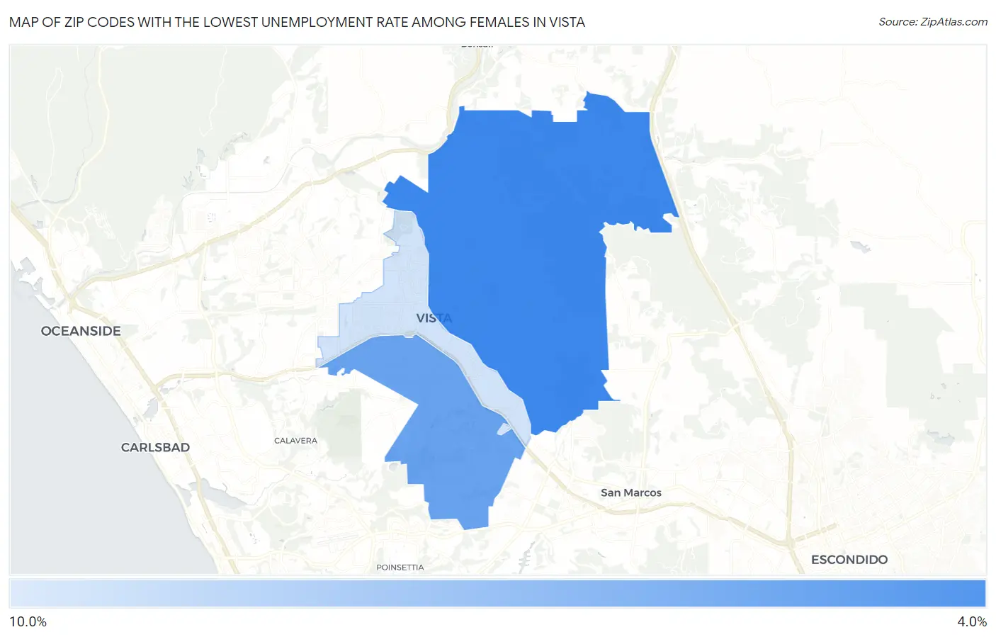 Zip Codes with the Lowest Unemployment Rate Among Females in Vista Map