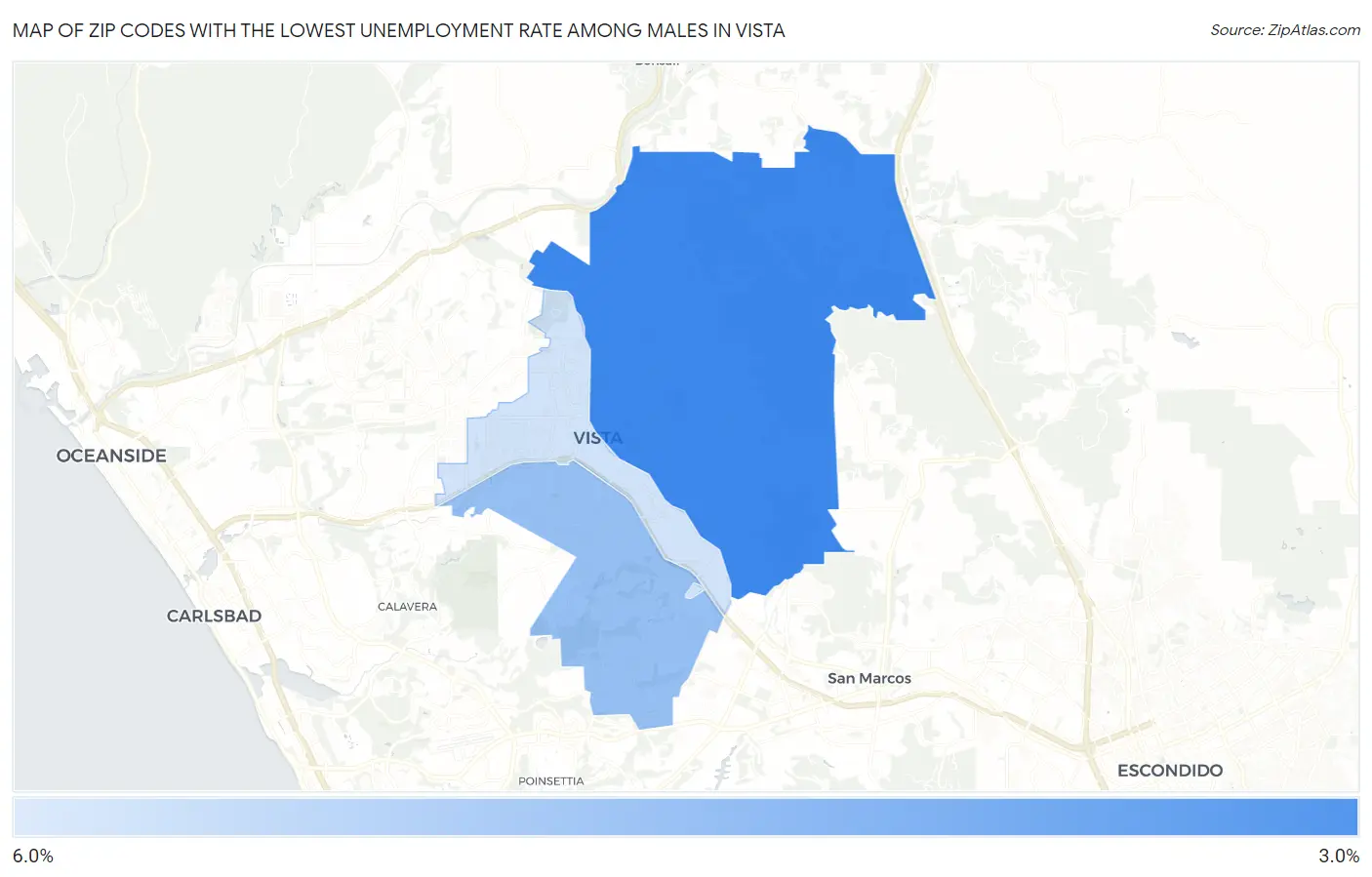 Zip Codes with the Lowest Unemployment Rate Among Males in Vista Map