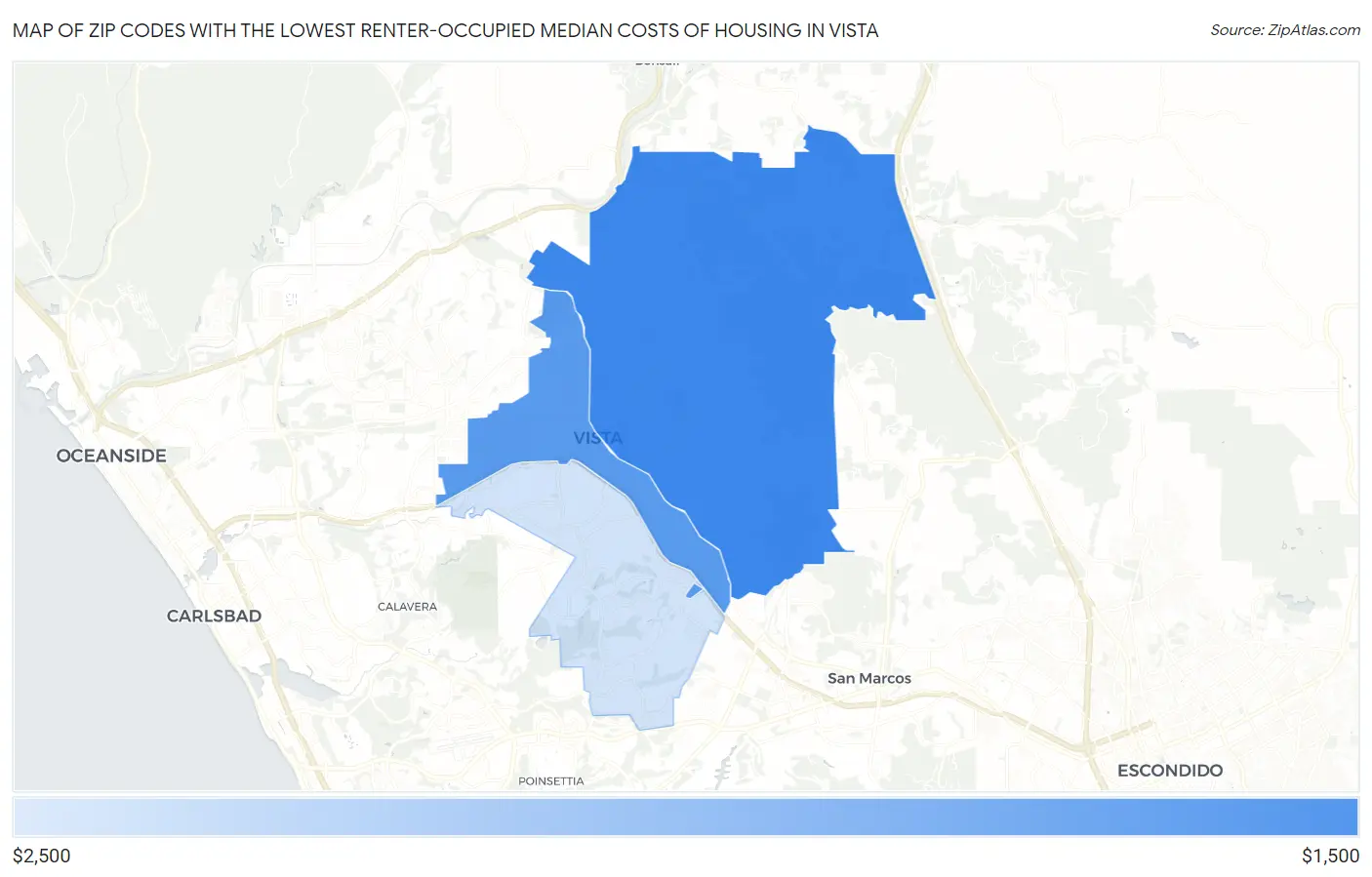 Zip Codes with the Lowest Renter-Occupied Median Costs of Housing in Vista Map