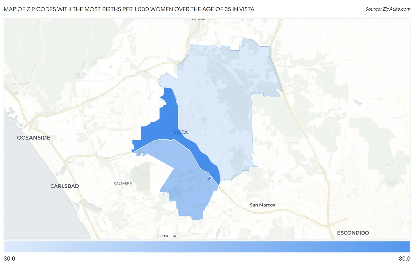 Zip Codes with the Most Births per 1,000 Women Over the Age of 35 in Vista Map