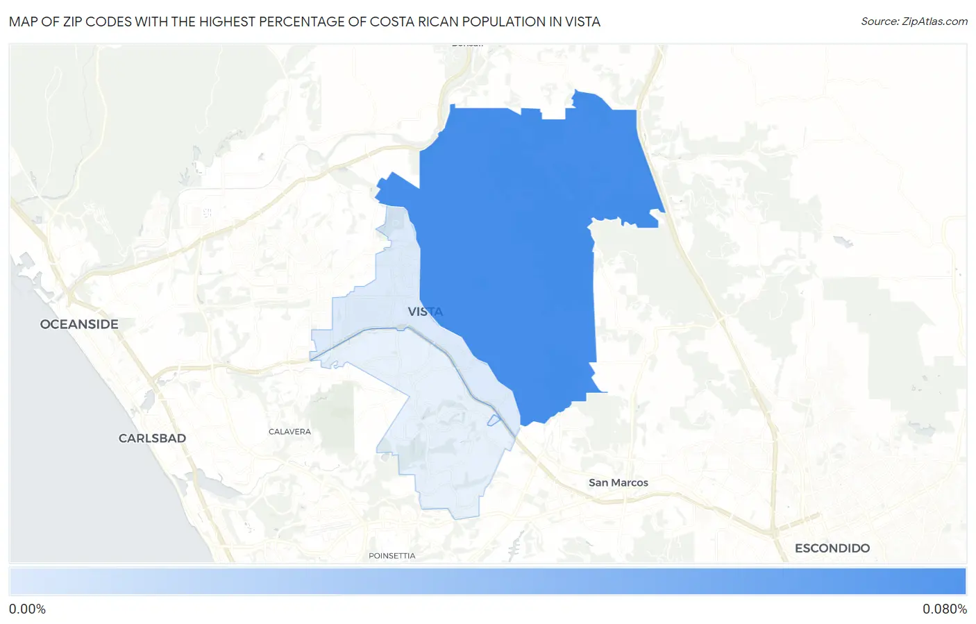 Zip Codes with the Highest Percentage of Costa Rican Population in Vista Map