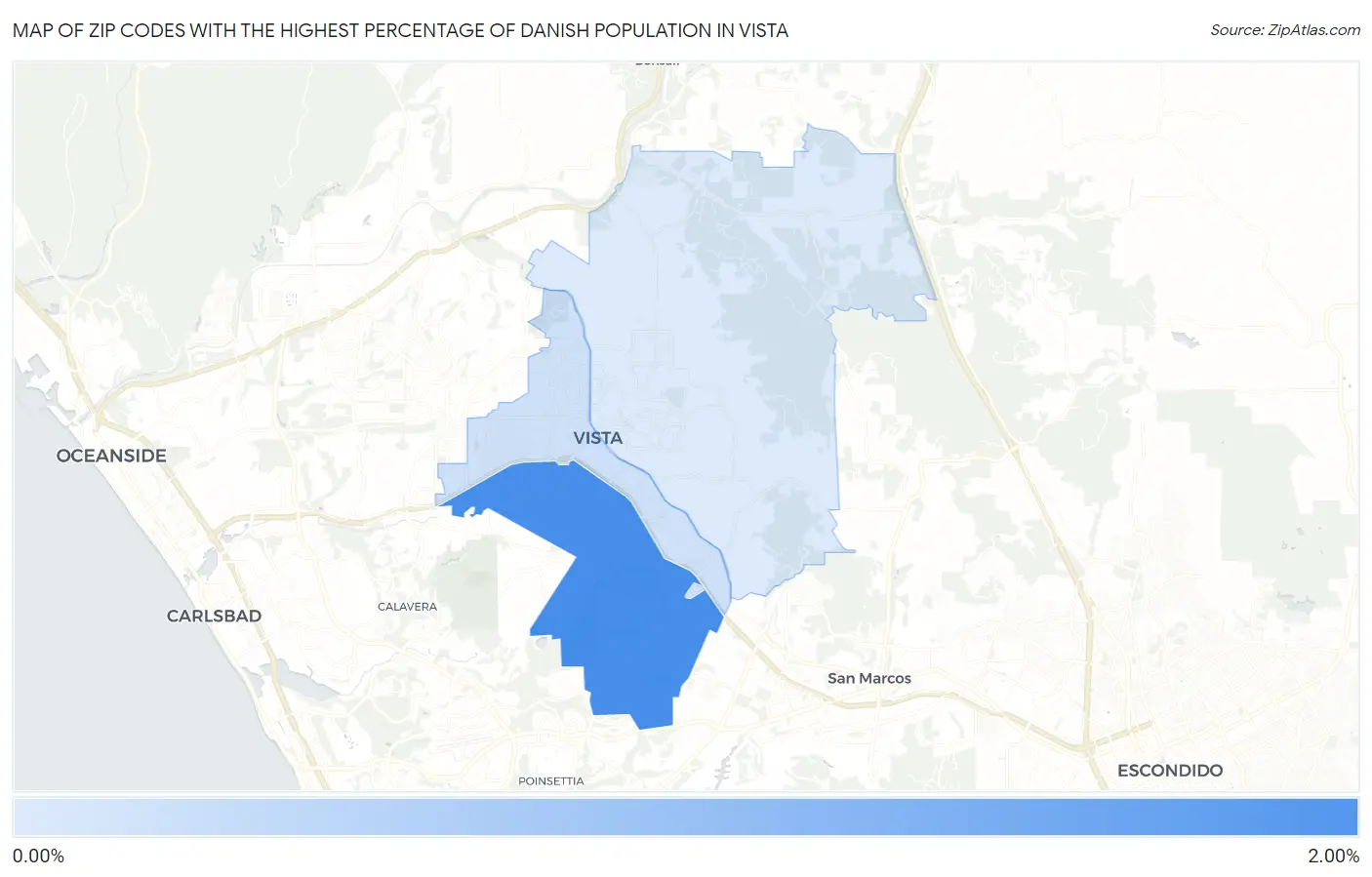 Zip Codes with the Highest Percentage of Danish Population in Vista Map