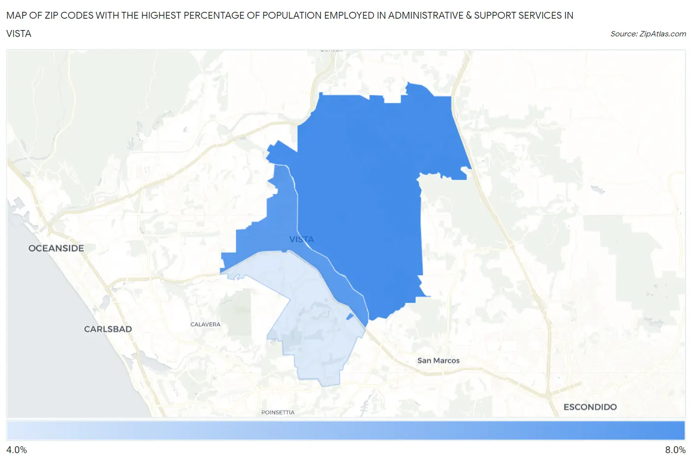Zip Codes with the Highest Percentage of Population Employed in Administrative & Support Services in Vista Map