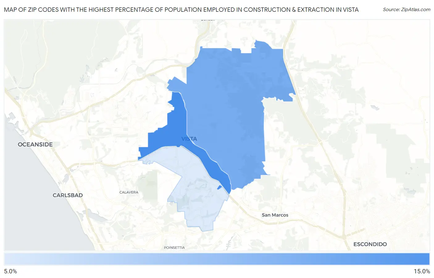 Zip Codes with the Highest Percentage of Population Employed in Construction & Extraction in Vista Map