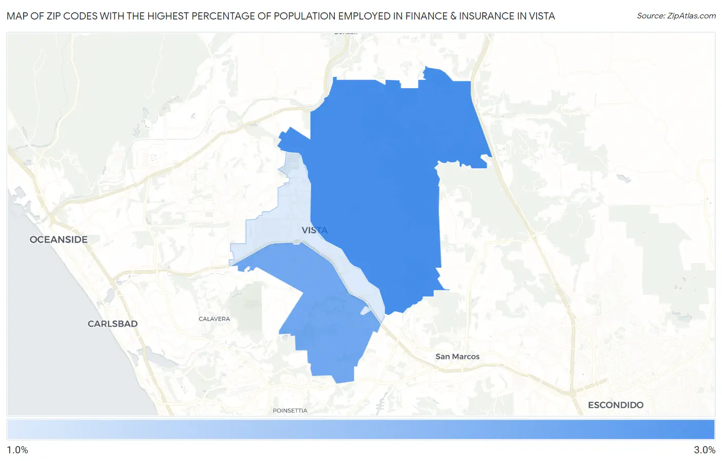 Zip Codes with the Highest Percentage of Population Employed in Finance & Insurance in Vista Map