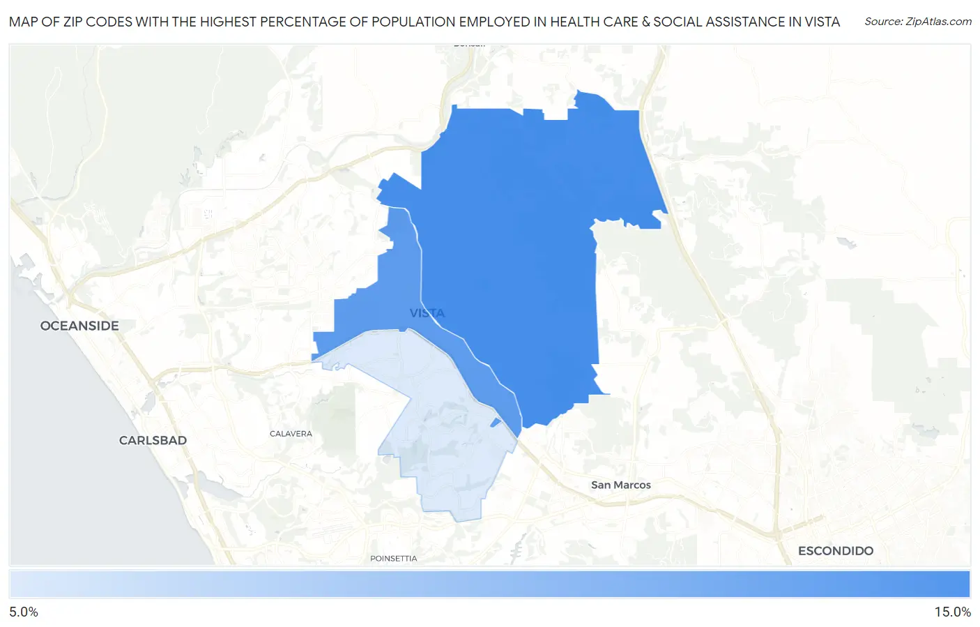 Zip Codes with the Highest Percentage of Population Employed in Health Care & Social Assistance in Vista Map