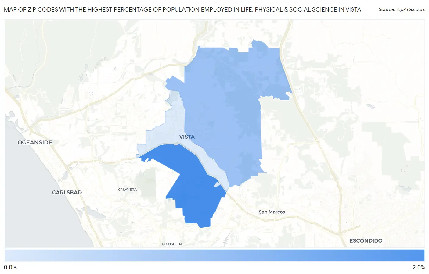 Zip Codes with the Highest Percentage of Population Employed in Life, Physical & Social Science in Vista Map