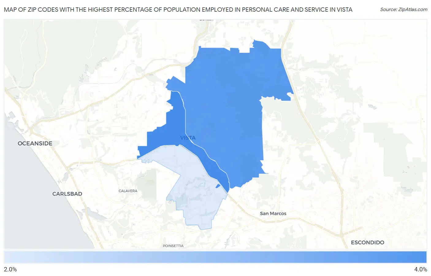 Zip Codes with the Highest Percentage of Population Employed in Personal Care and Service in Vista Map