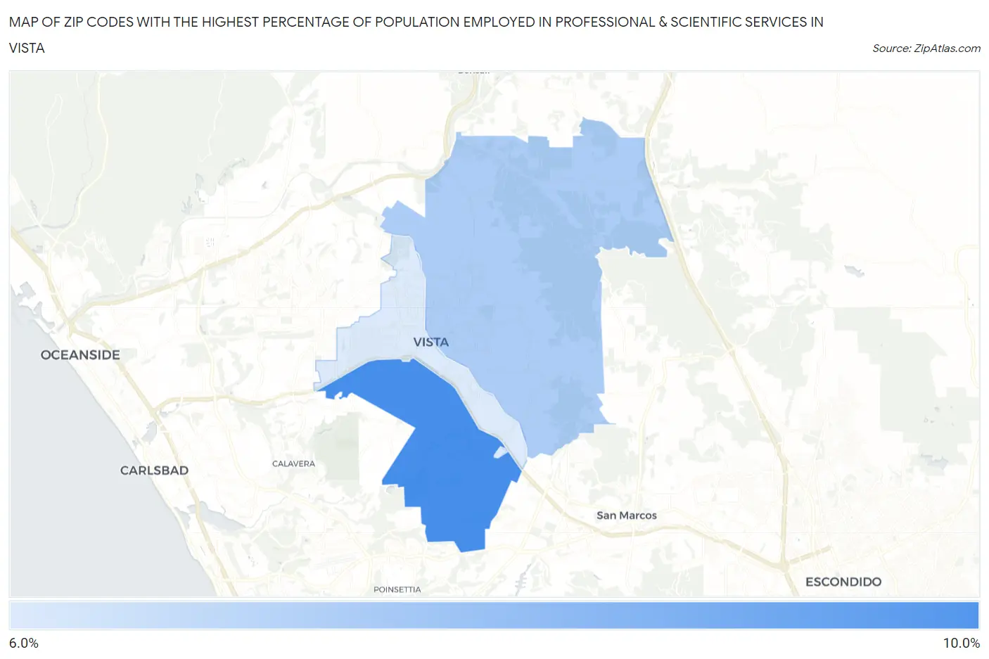 Zip Codes with the Highest Percentage of Population Employed in Professional & Scientific Services in Vista Map