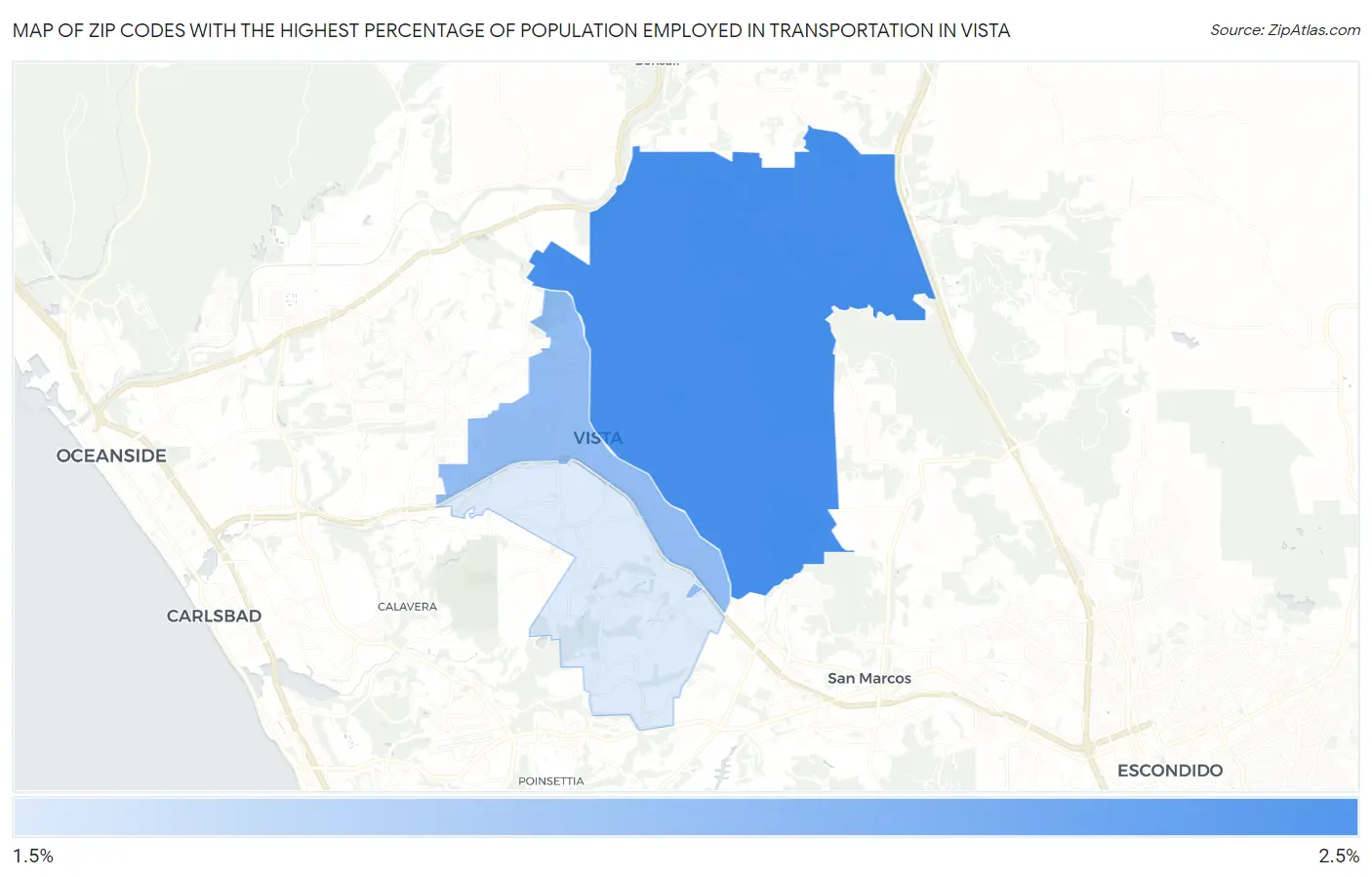 Zip Codes with the Highest Percentage of Population Employed in Transportation in Vista Map