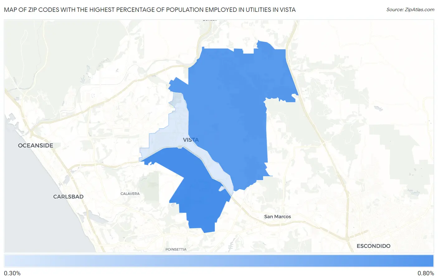 Zip Codes with the Highest Percentage of Population Employed in Utilities in Vista Map
