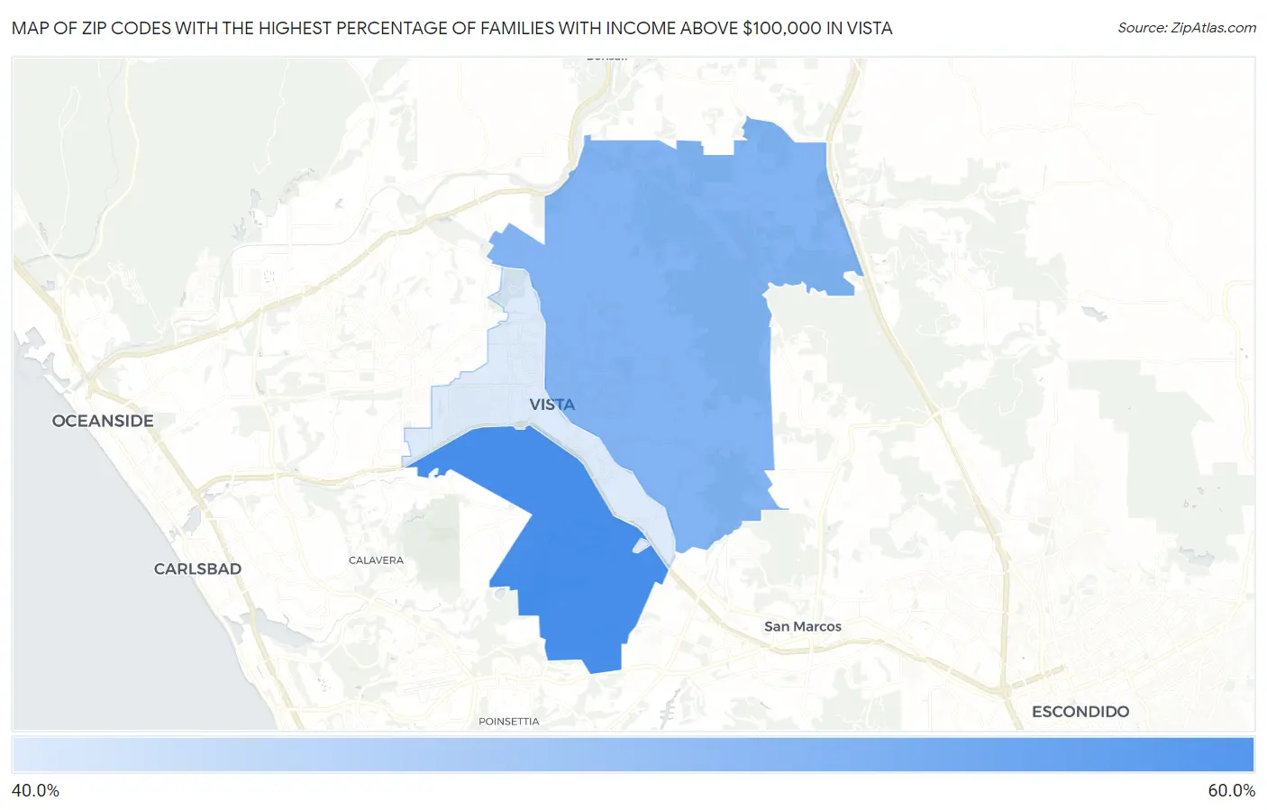 Zip Codes with the Highest Percentage of Families with Income Above $100,000 in Vista Map