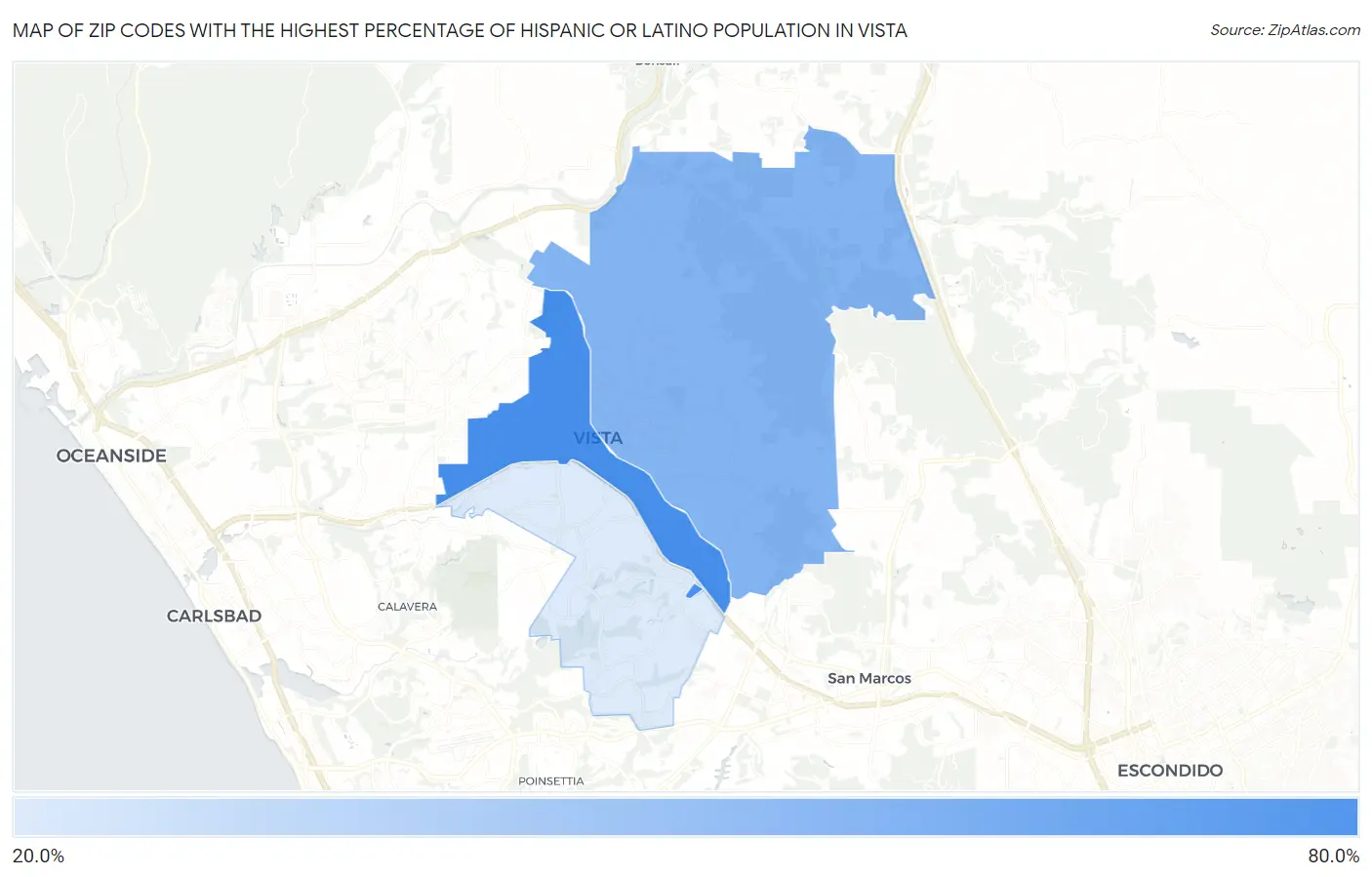 Zip Codes with the Highest Percentage of Hispanic or Latino Population in Vista Map