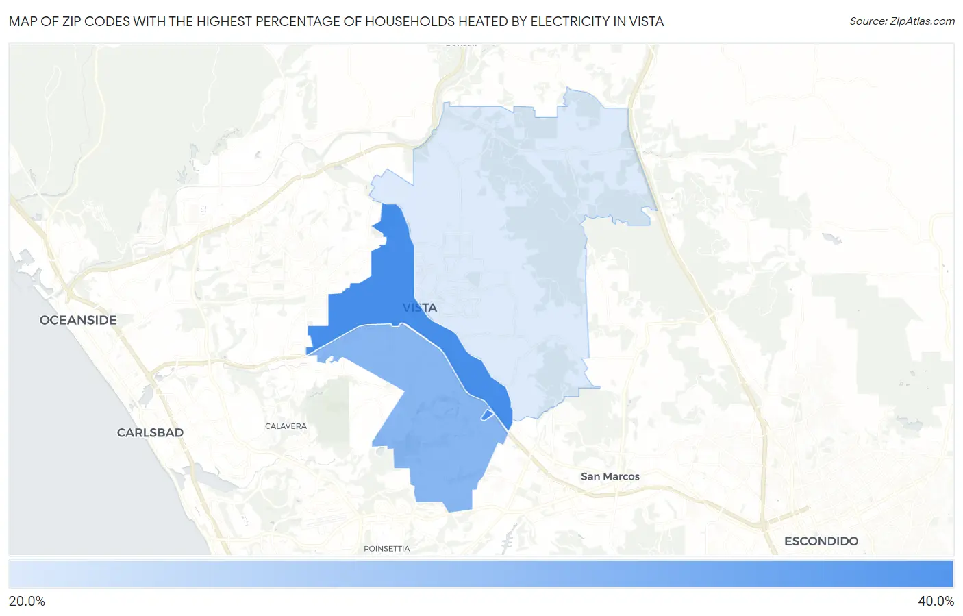 Zip Codes with the Highest Percentage of Households Heated by Electricity in Vista Map