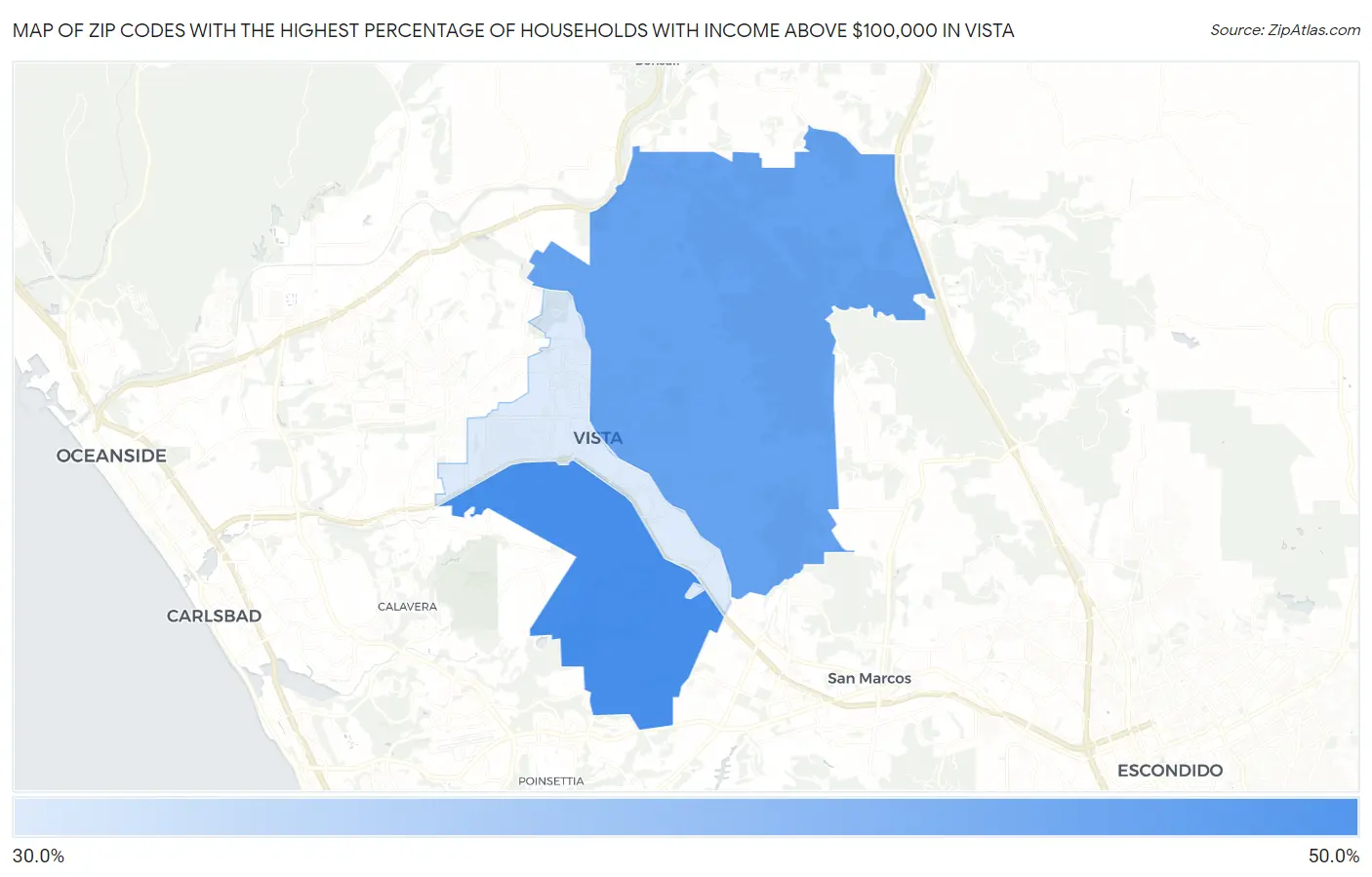 Zip Codes with the Highest Percentage of Households with Income Above $100,000 in Vista Map
