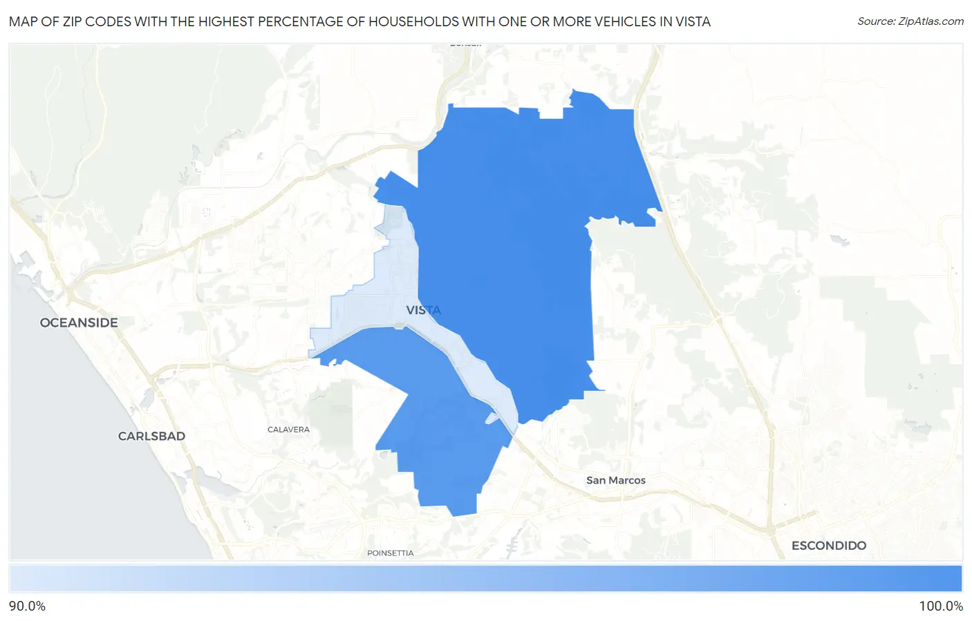 Zip Codes with the Highest Percentage of Households With One or more Vehicles in Vista Map