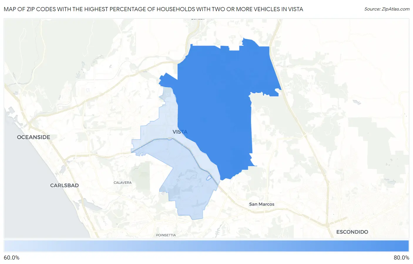 Zip Codes with the Highest Percentage of Households With Two or more Vehicles in Vista Map