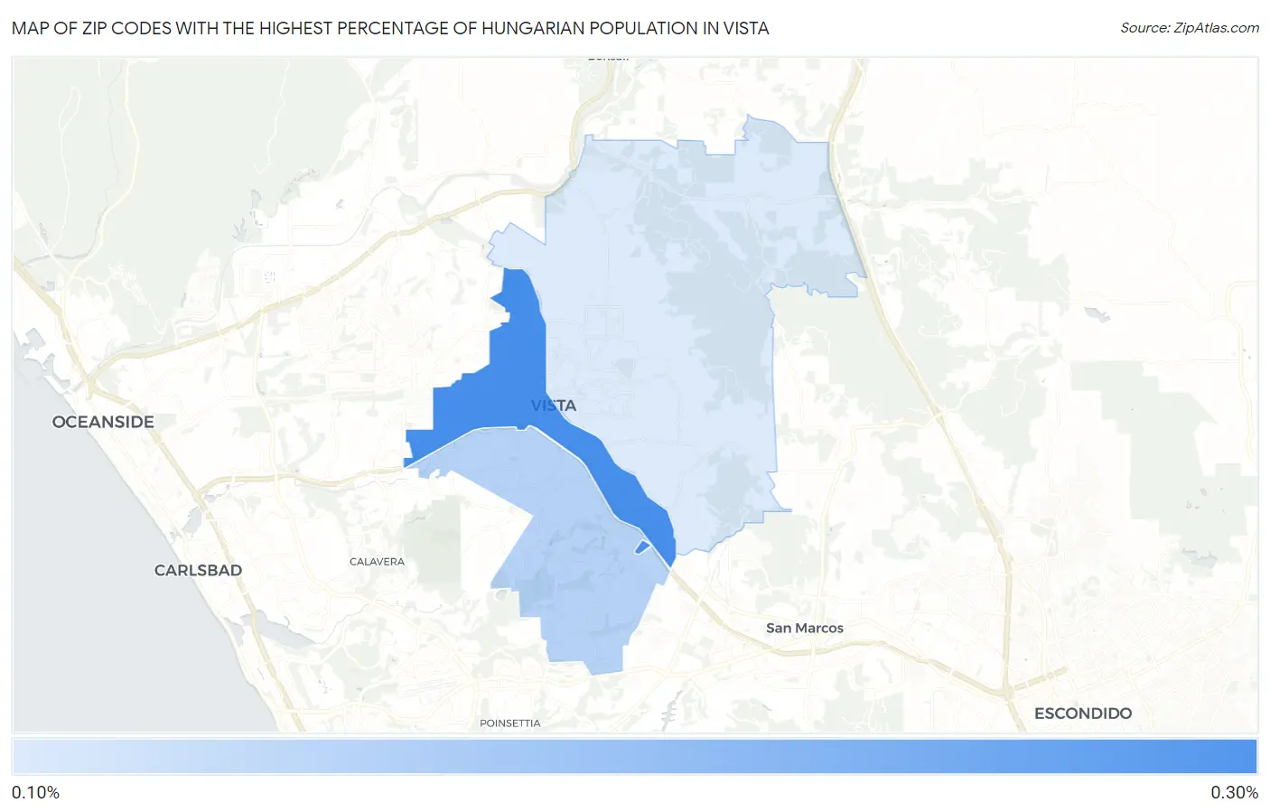Zip Codes with the Highest Percentage of Hungarian Population in Vista Map