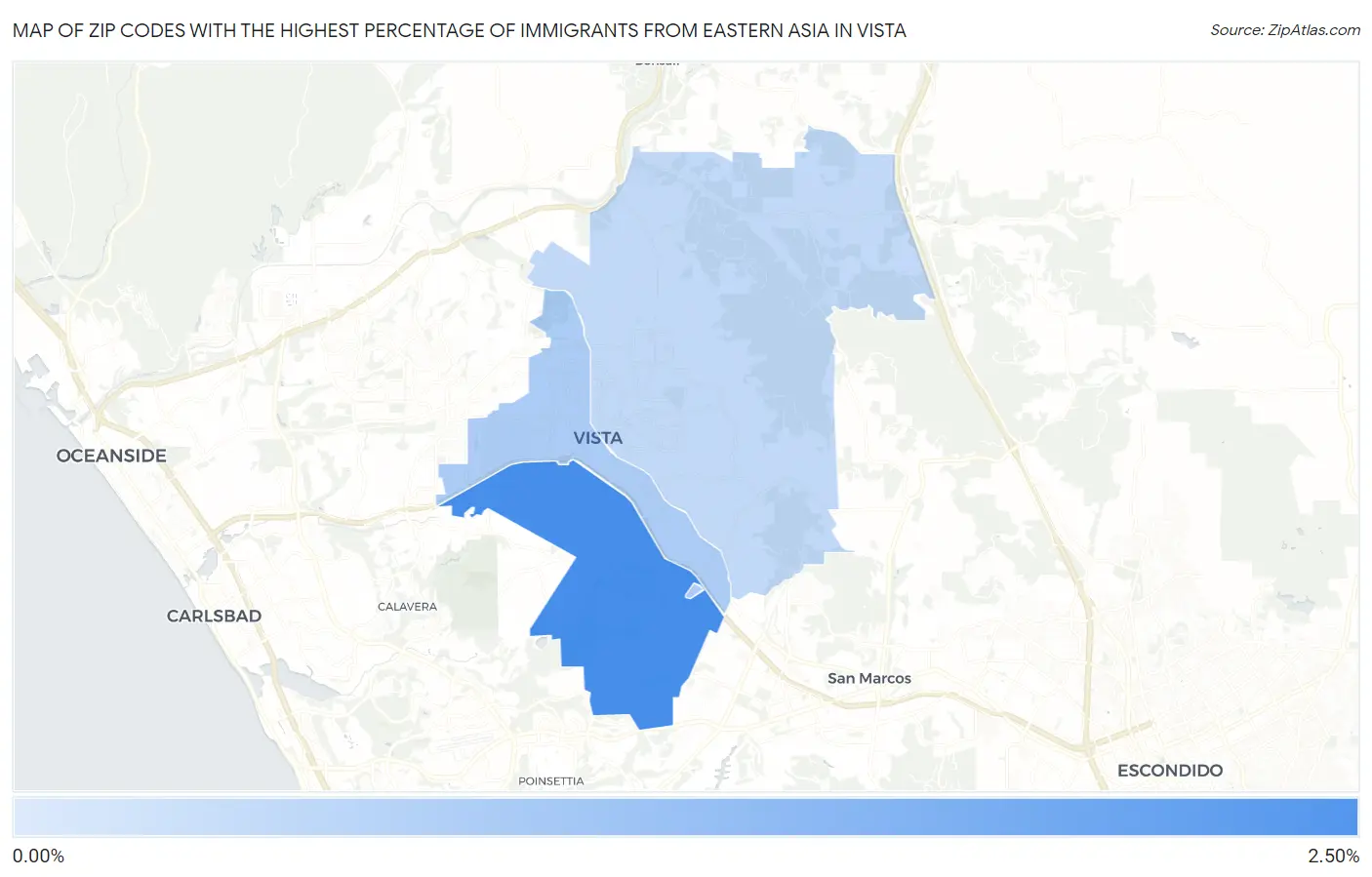 Zip Codes with the Highest Percentage of Immigrants from Eastern Asia in Vista Map