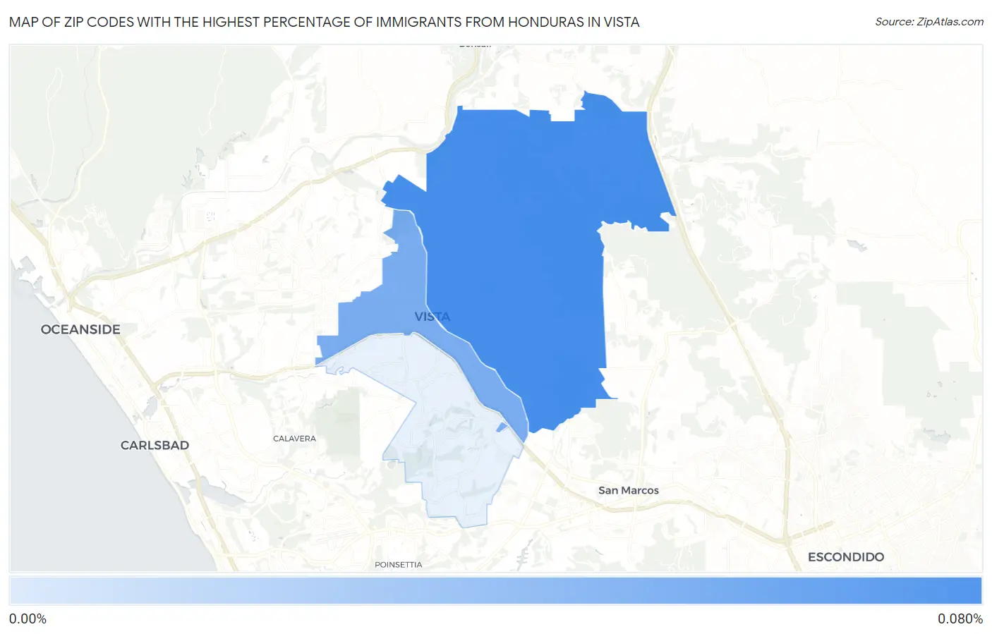 Zip Codes with the Highest Percentage of Immigrants from Honduras in Vista Map