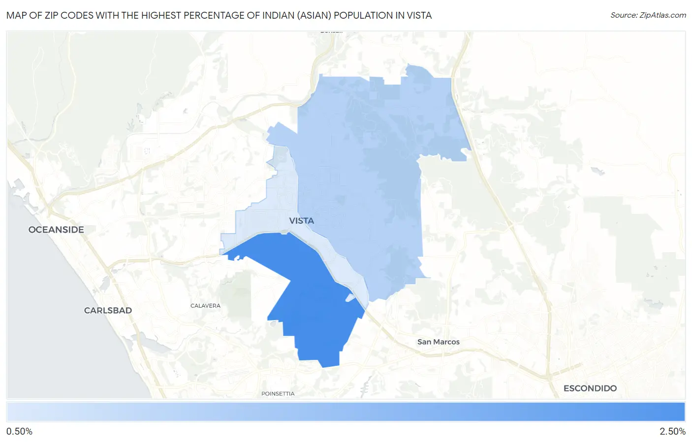 Zip Codes with the Highest Percentage of Indian (Asian) Population in Vista Map