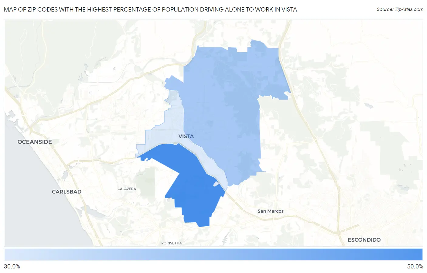 Zip Codes with the Highest Percentage of Population Driving Alone to Work in Vista Map
