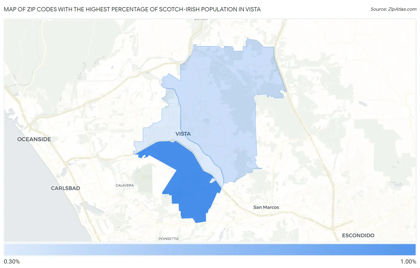 Zip Codes with the Highest Percentage of Scotch-Irish Population in Vista Map