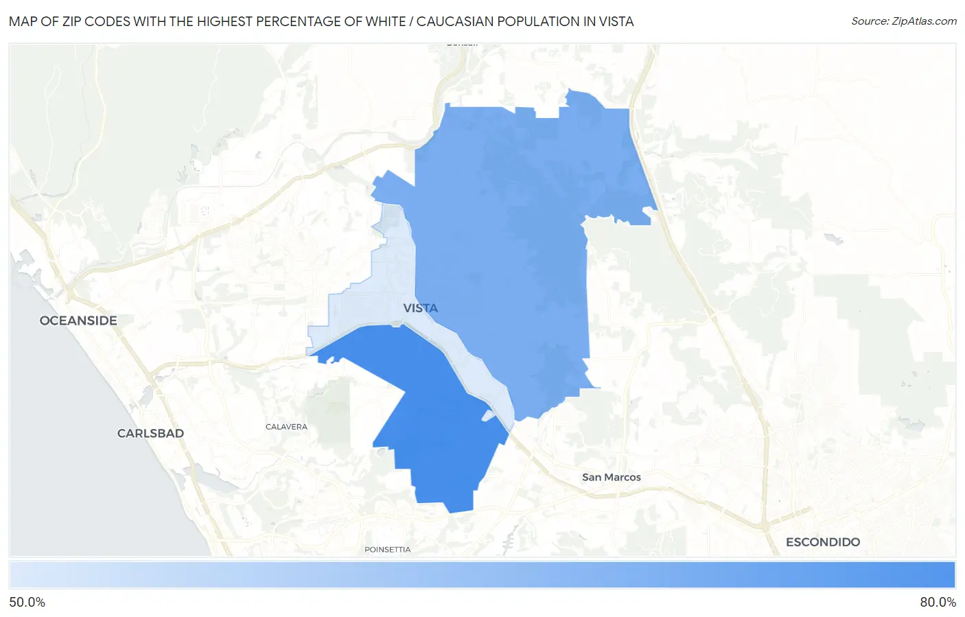 Zip Codes with the Highest Percentage of White / Caucasian Population in Vista Map