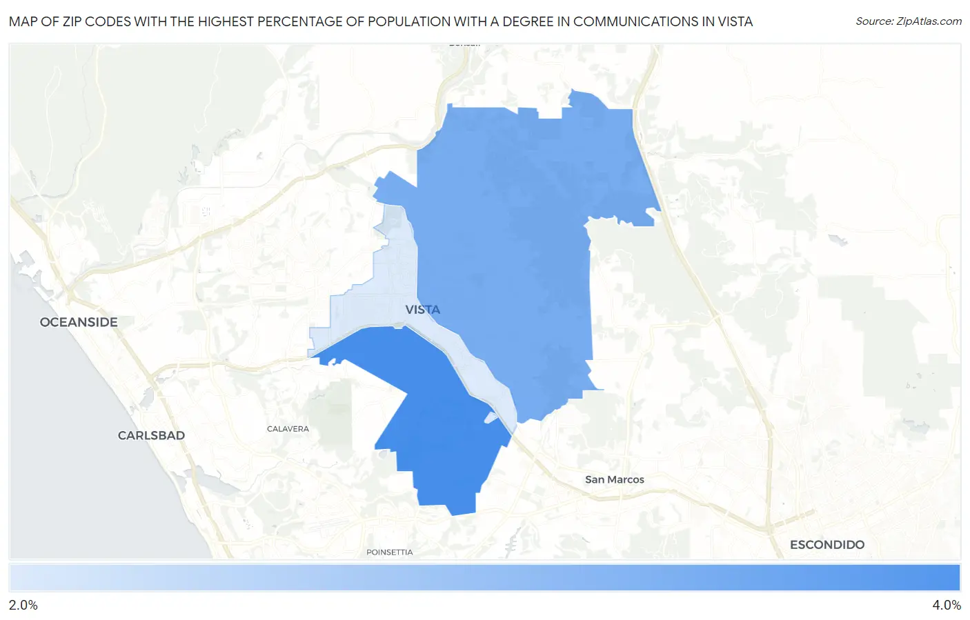 Zip Codes with the Highest Percentage of Population with a Degree in Communications in Vista Map