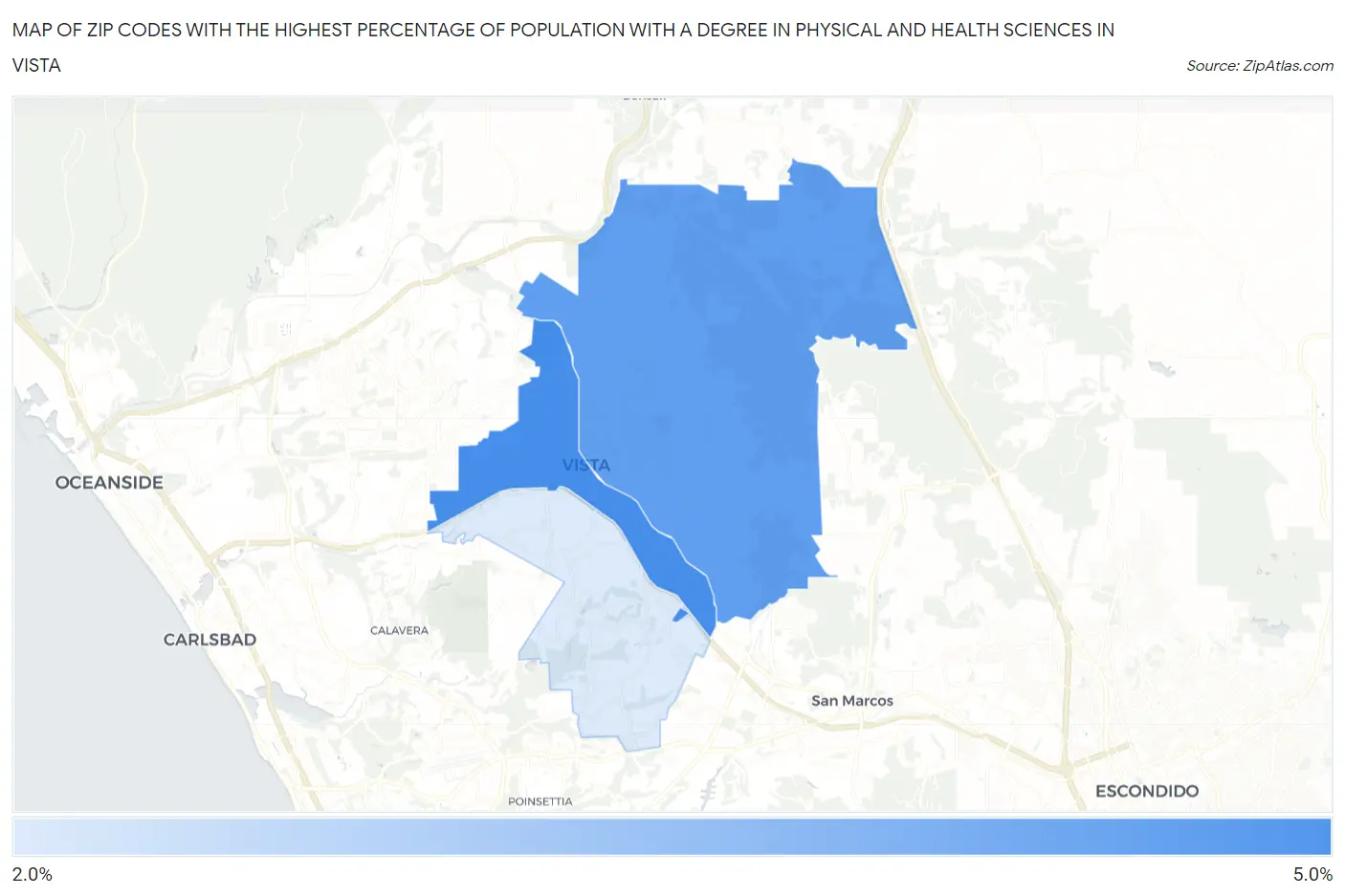 Zip Codes with the Highest Percentage of Population with a Degree in Physical and Health Sciences in Vista Map