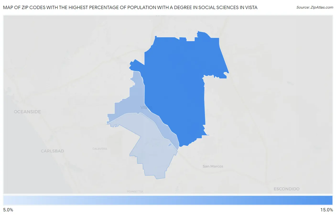 Zip Codes with the Highest Percentage of Population with a Degree in Social Sciences in Vista Map