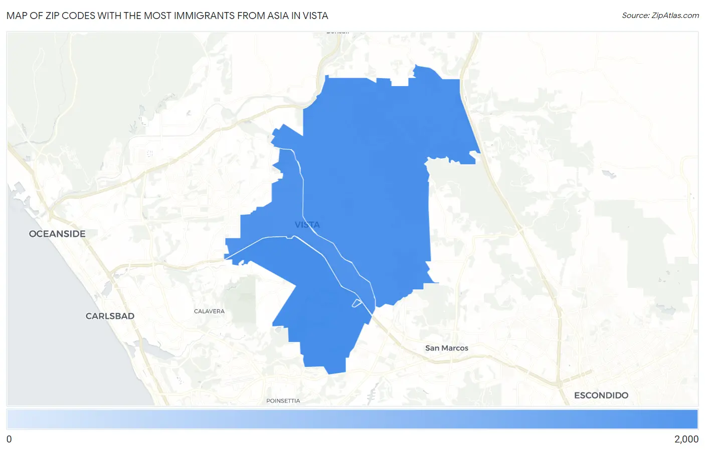 Zip Codes with the Most Immigrants from Asia in Vista Map