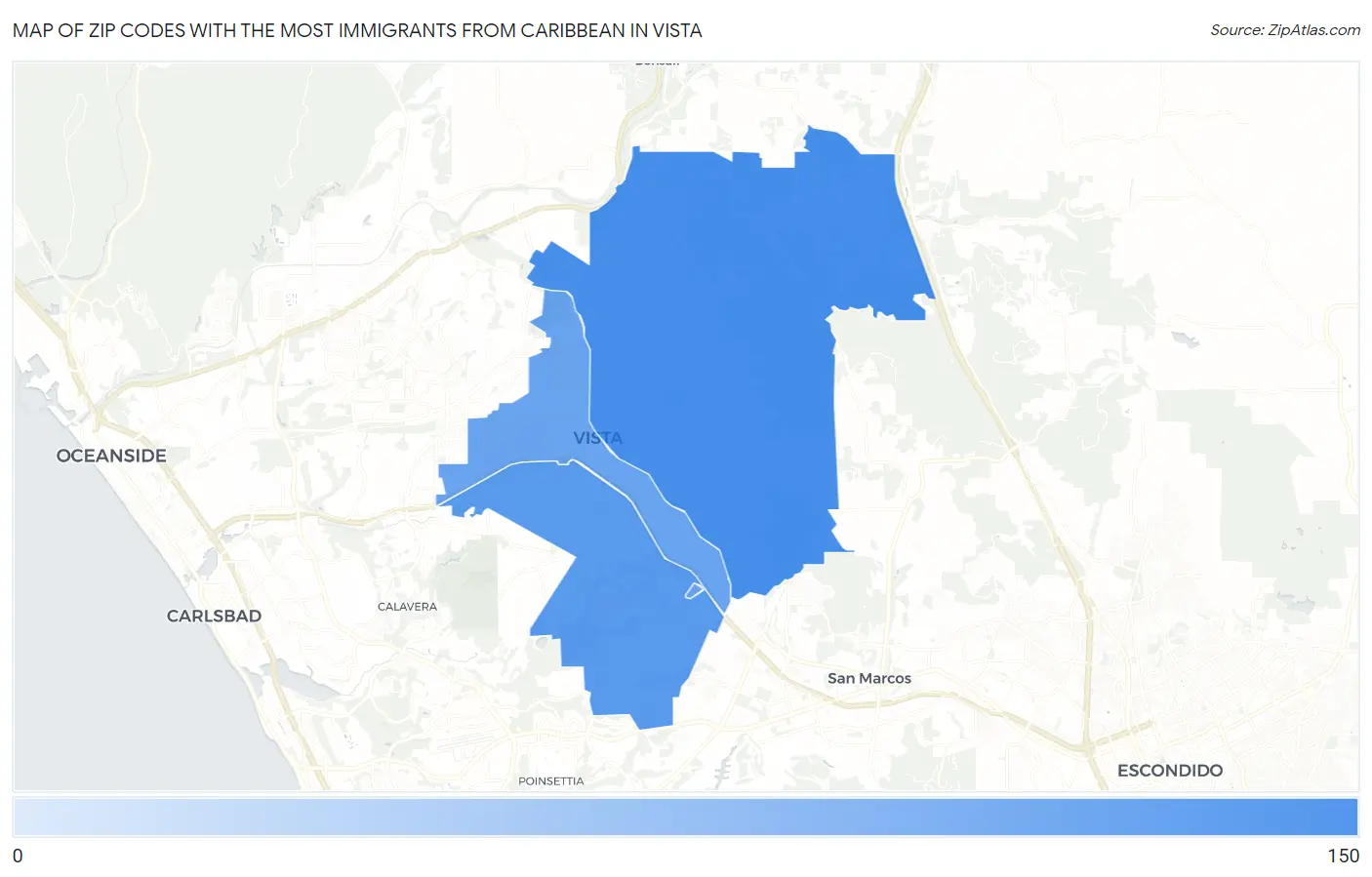 Zip Codes with the Most Immigrants from Caribbean in Vista Map