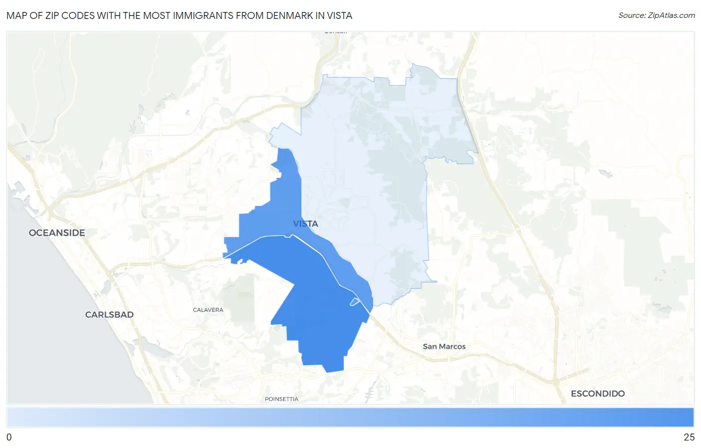Zip Codes with the Most Immigrants from Denmark in Vista Map