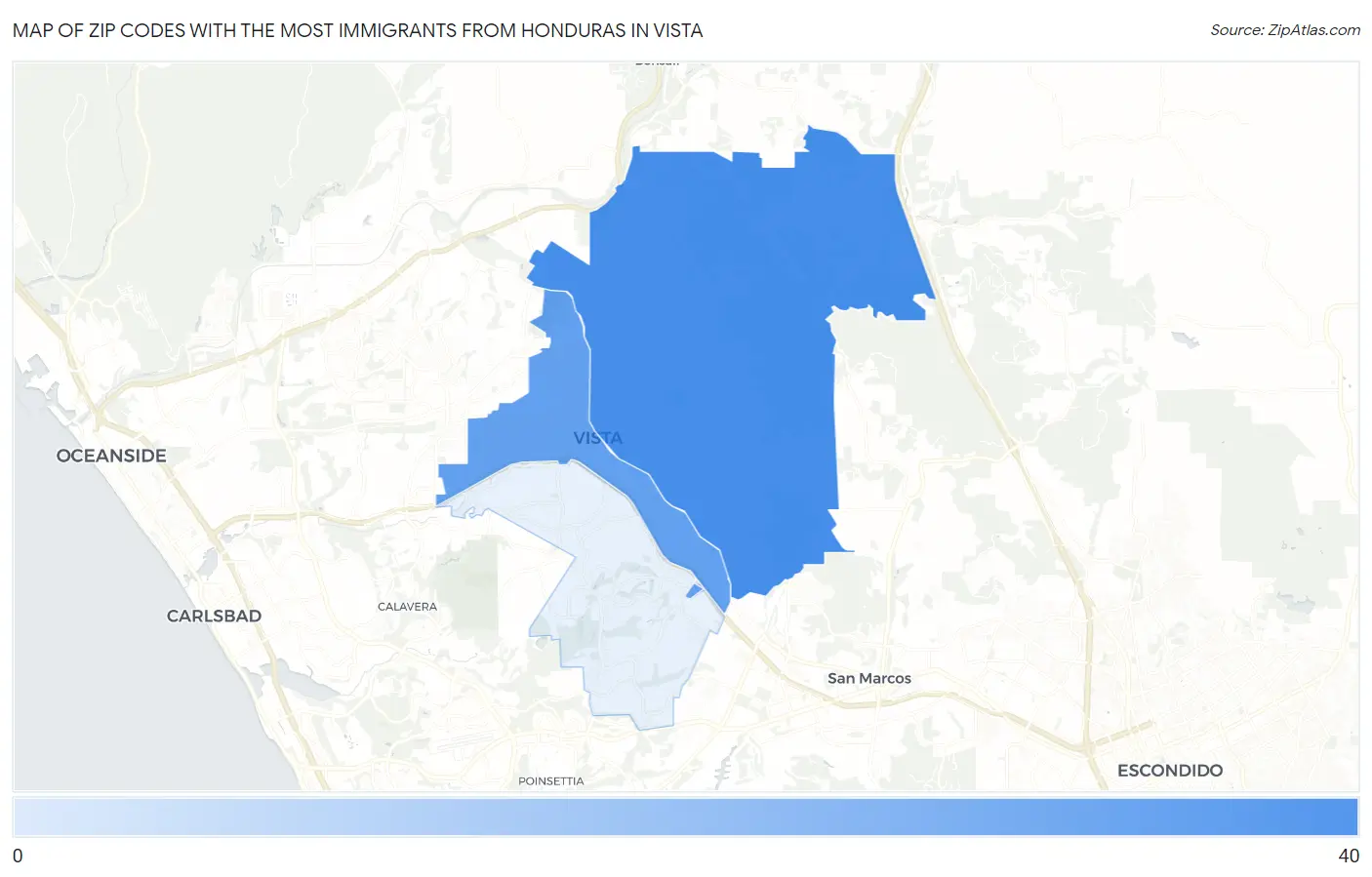 Zip Codes with the Most Immigrants from Honduras in Vista Map