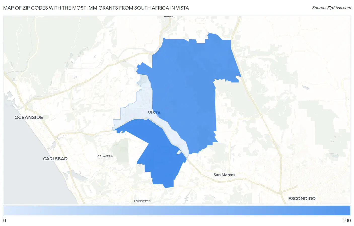 Zip Codes with the Most Immigrants from South Africa in Vista Map