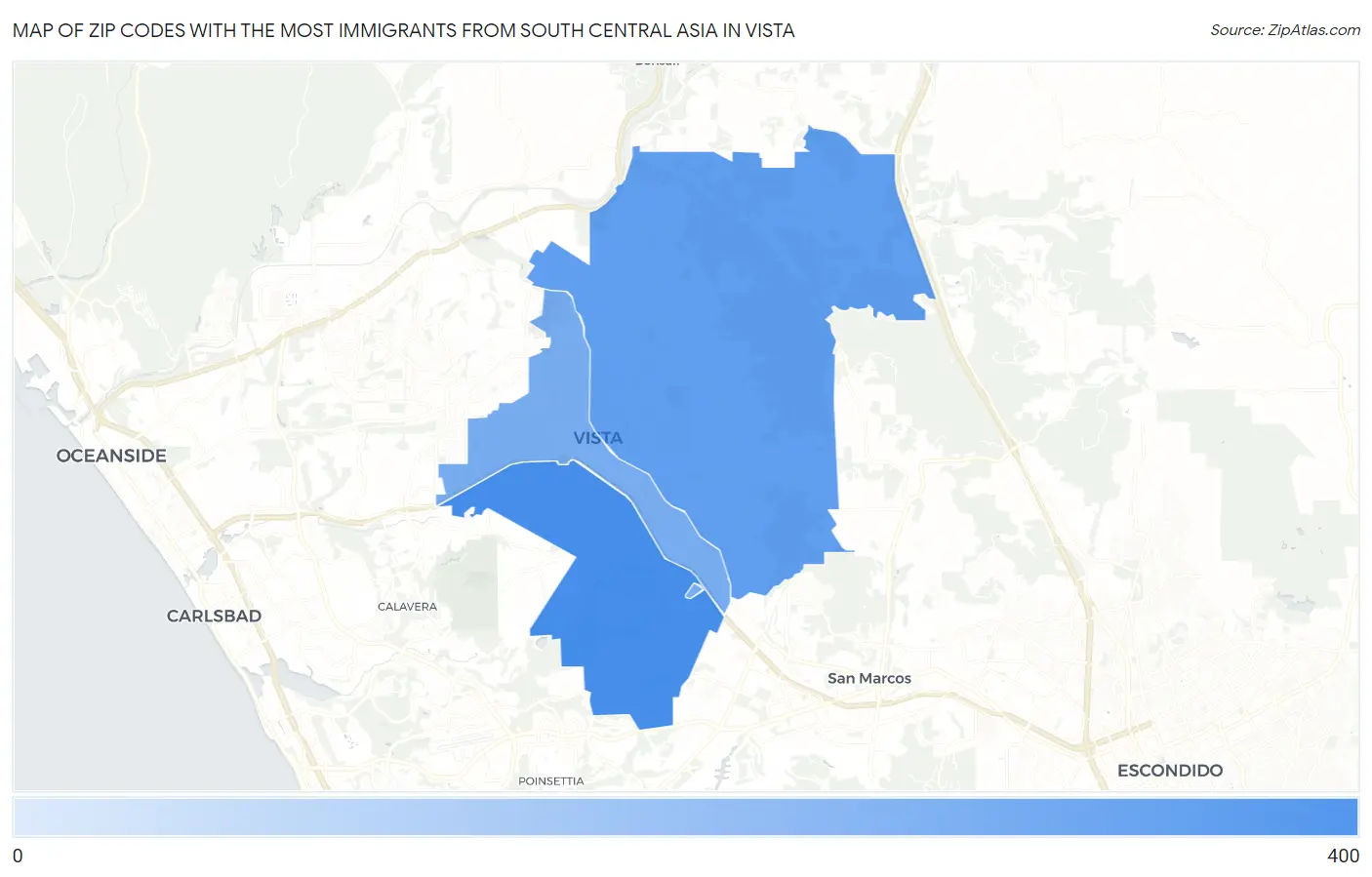 Zip Codes with the Most Immigrants from South Central Asia in Vista Map