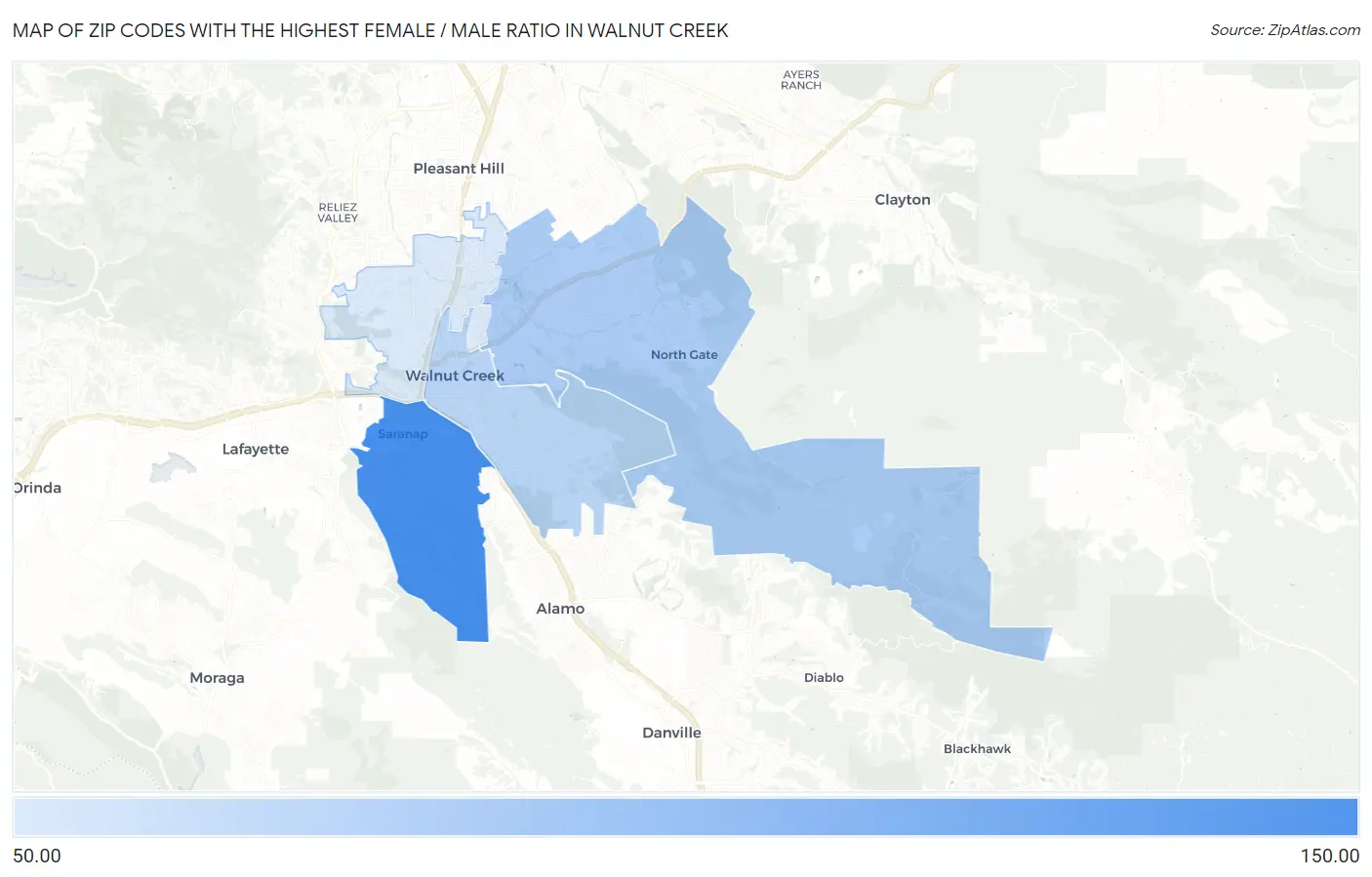 Zip Codes with the Highest Female / Male Ratio in Walnut Creek Map