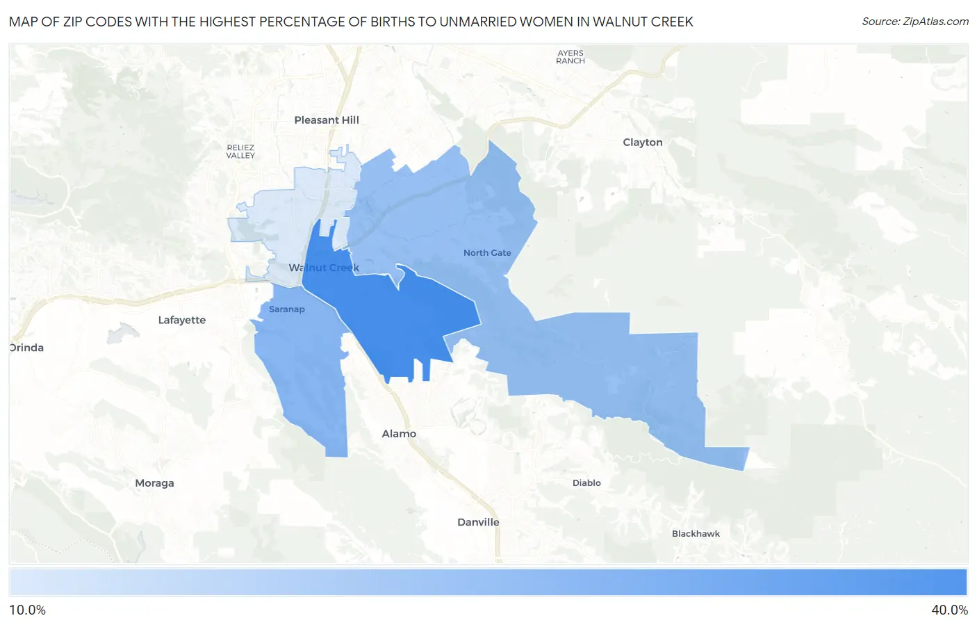 Zip Codes with the Highest Percentage of Births to Unmarried Women in Walnut Creek Map