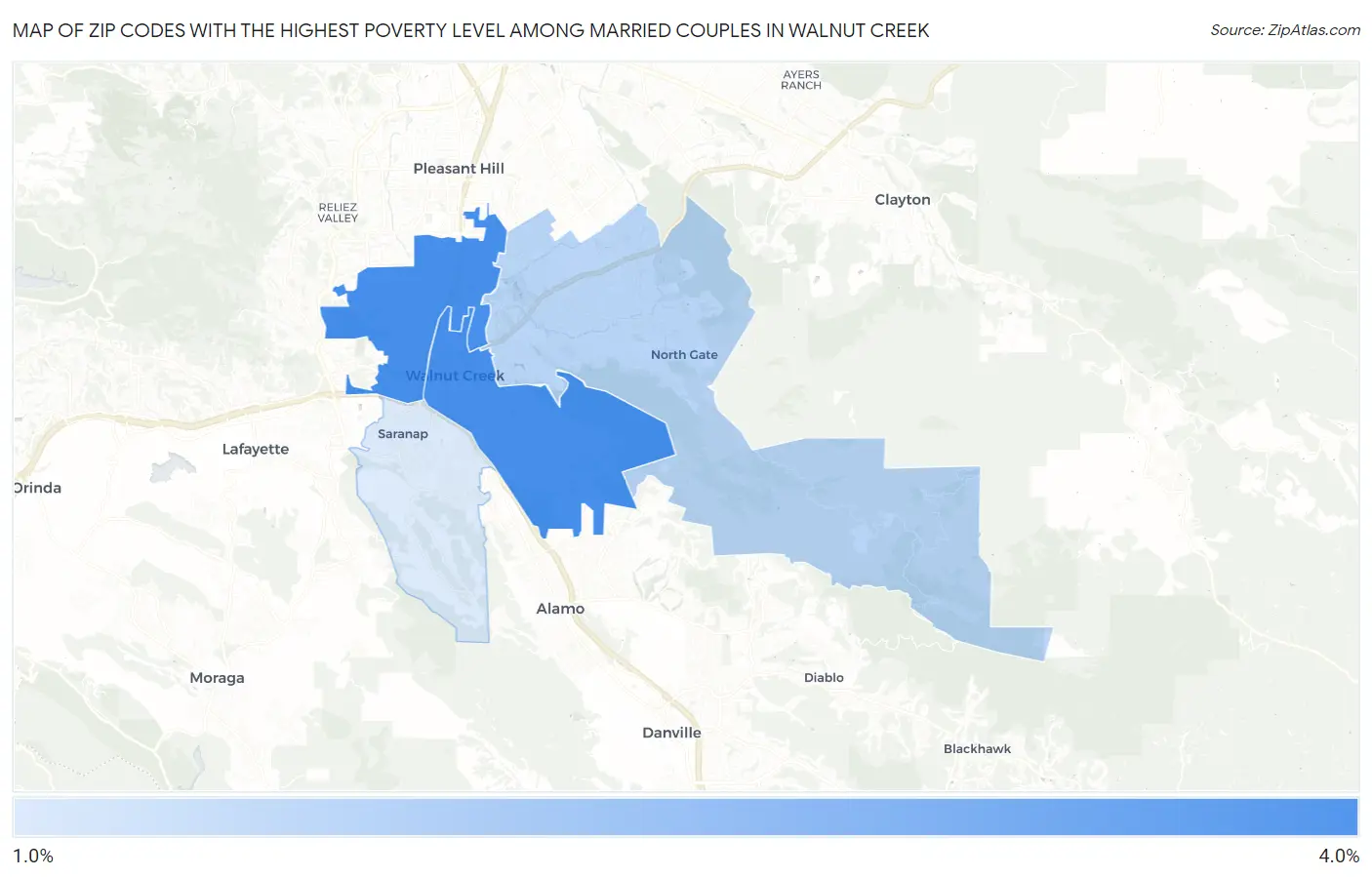 Zip Codes with the Highest Poverty Level Among Married Couples in Walnut Creek Map