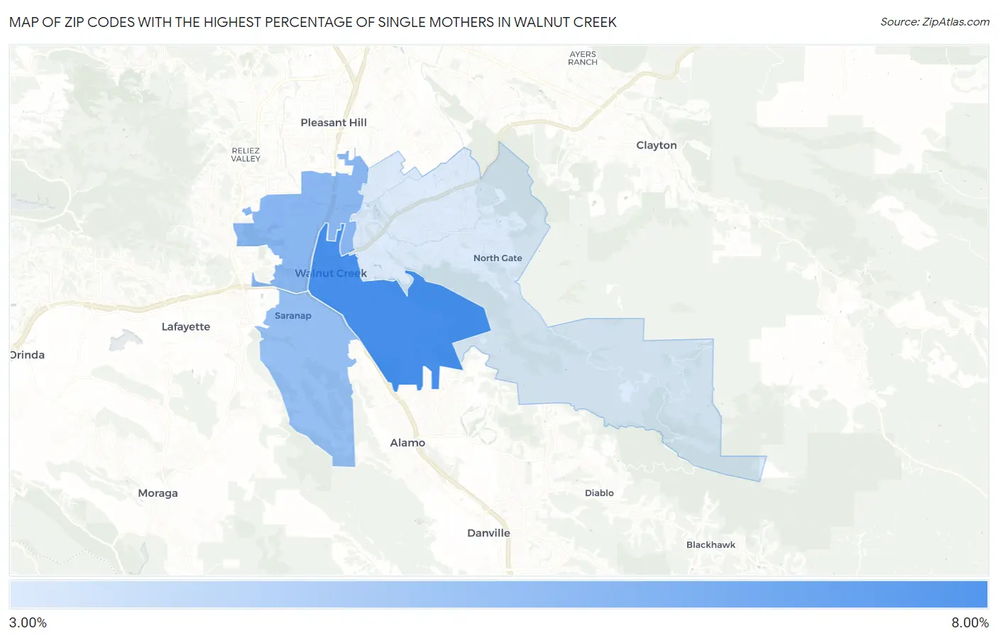 Zip Codes with the Highest Percentage of Single Mothers in Walnut Creek Map