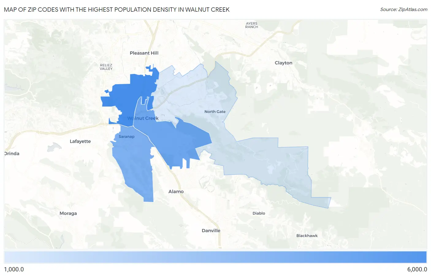 Zip Codes with the Highest Population Density in Walnut Creek Map
