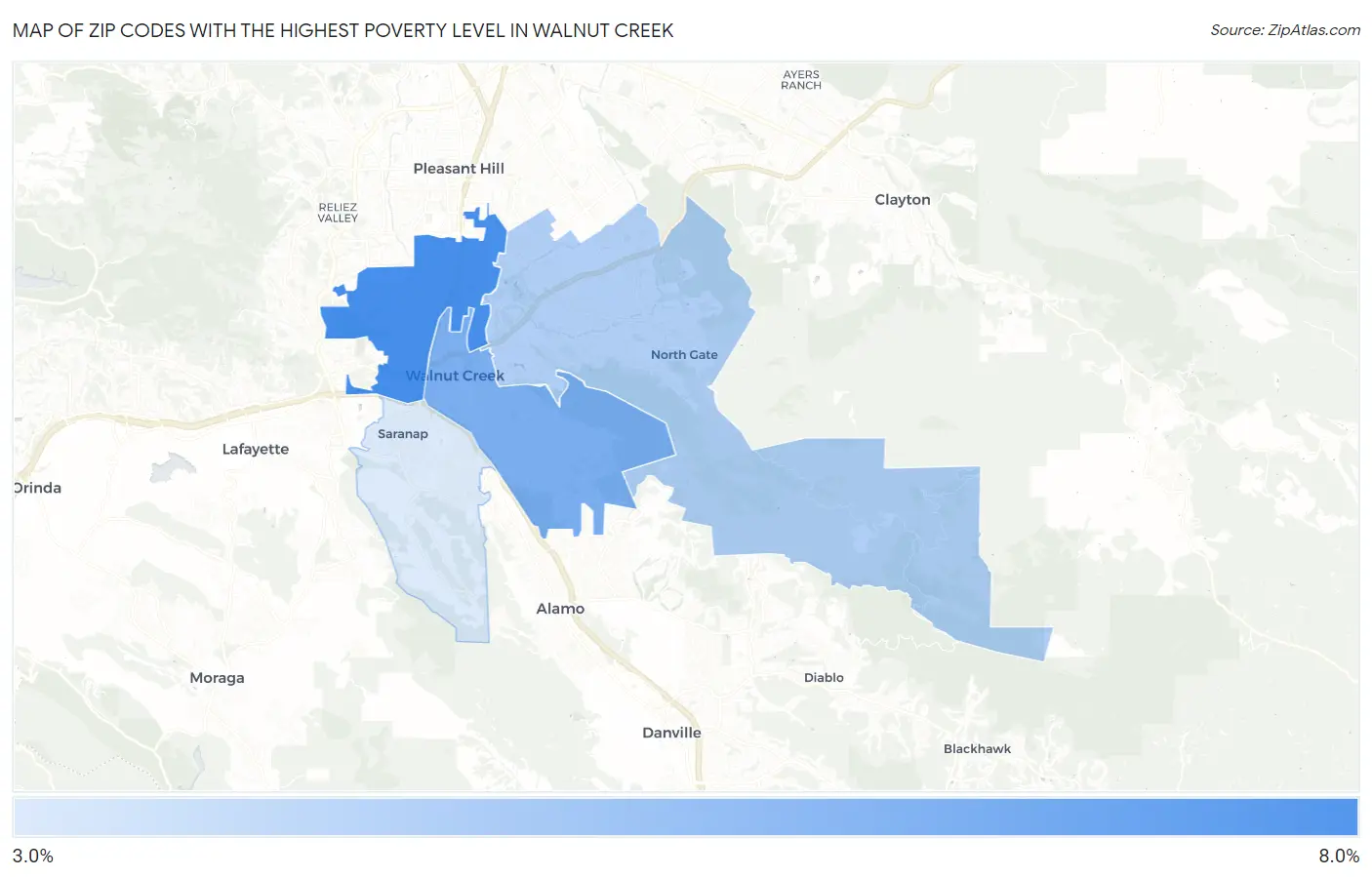 Zip Codes with the Highest Poverty Level in Walnut Creek Map
