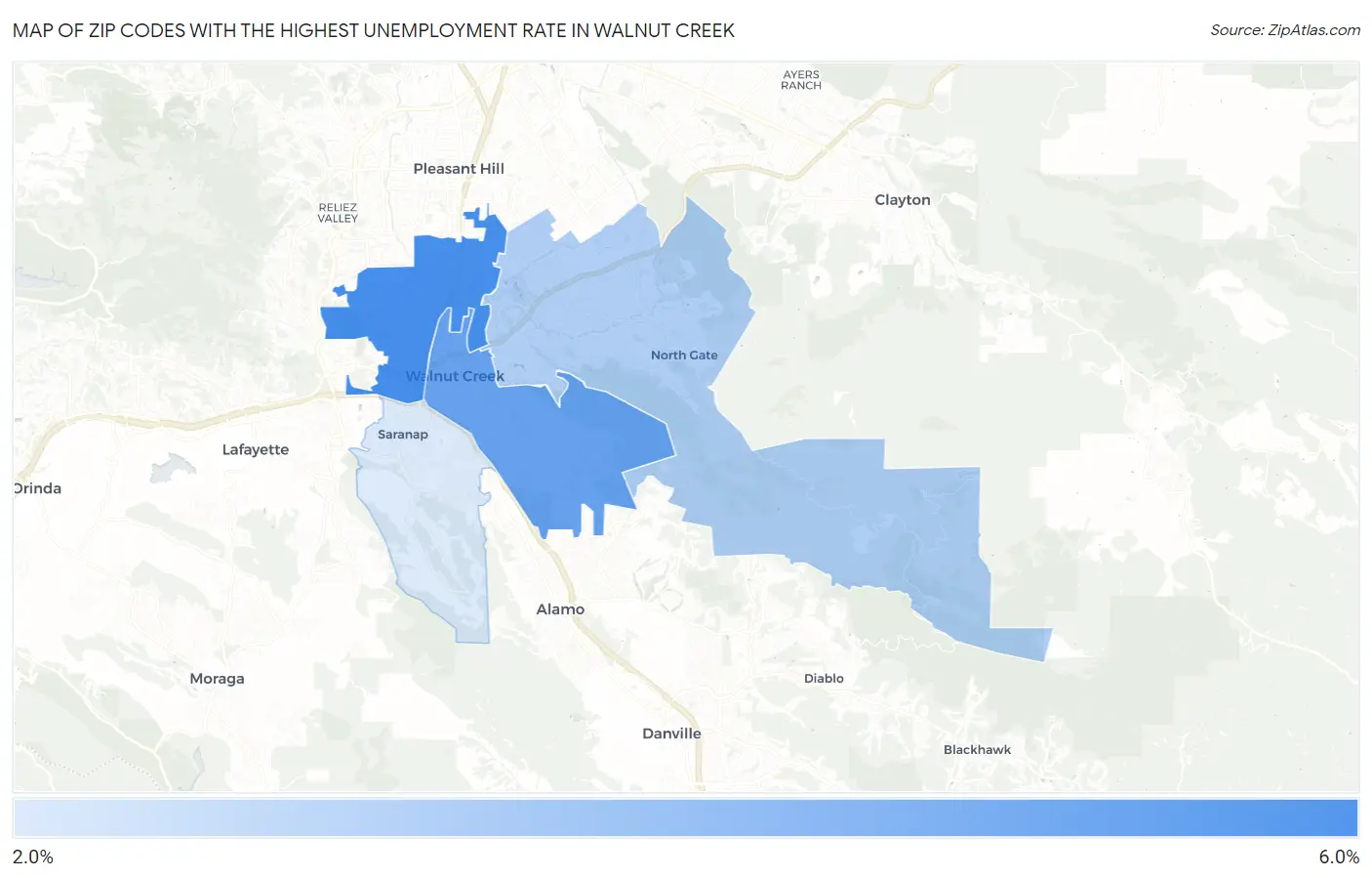 Zip Codes with the Highest Unemployment Rate in Walnut Creek Map