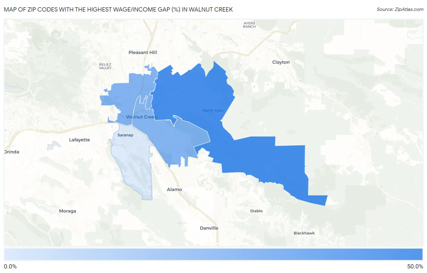 Zip Codes with the Highest Wage/Income Gap (%) in Walnut Creek Map
