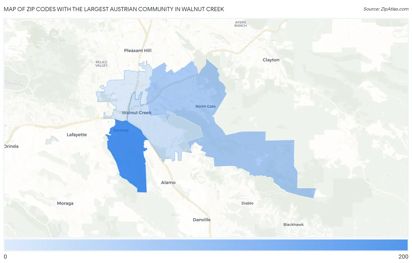 Zip Codes with the Largest Austrian Community in Walnut Creek Map