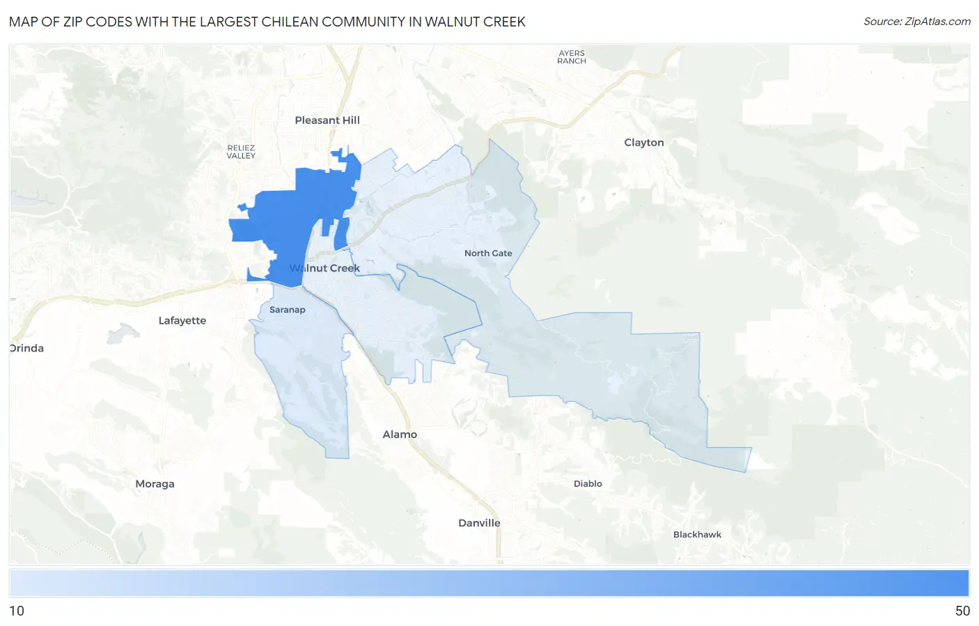 Zip Codes with the Largest Chilean Community in Walnut Creek Map