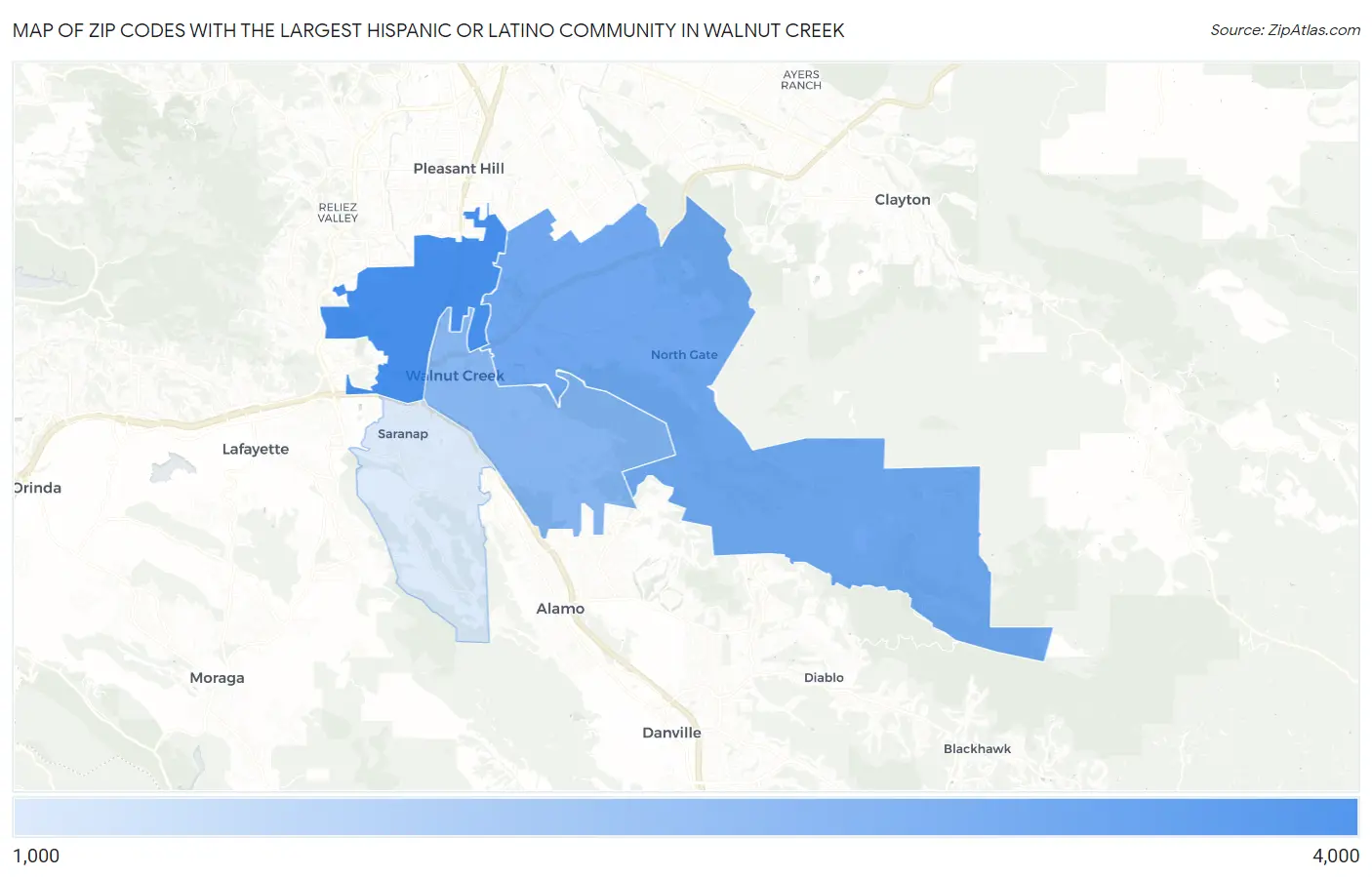 Zip Codes with the Largest Hispanic or Latino Community in Walnut Creek Map
